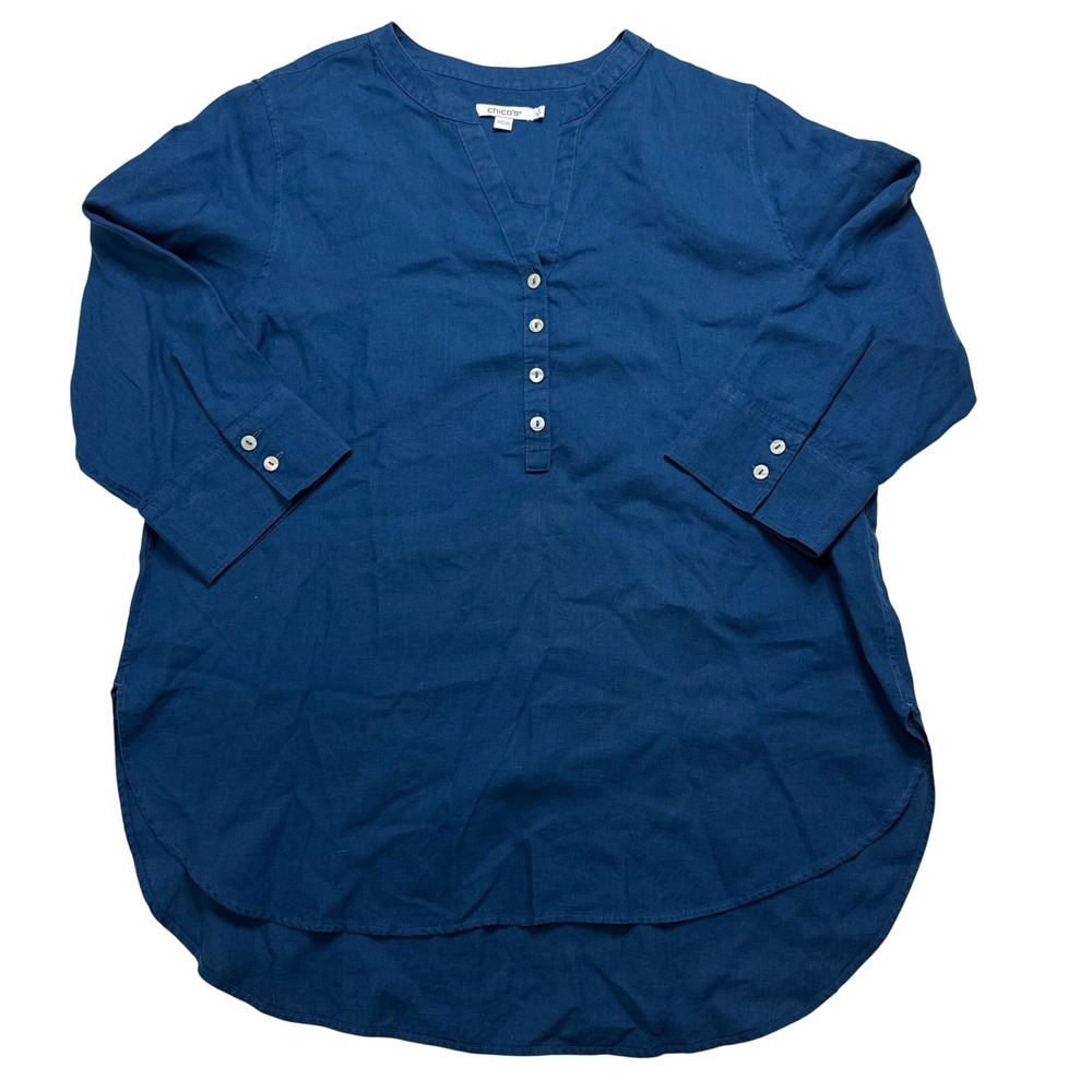 Chicos Navy Blue 100% Linen Tunic Top 3/4 Sleeve Size 2 US 12 570381754